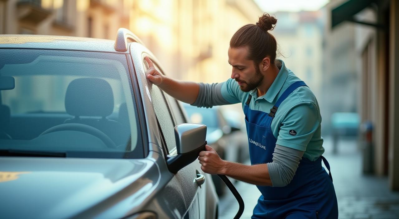 Technicien LavageLuxe nettoyant une voiture sur fond urbain lyonnais